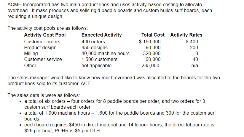 ACME Incorporated has two main product lines and uses activitybased costing