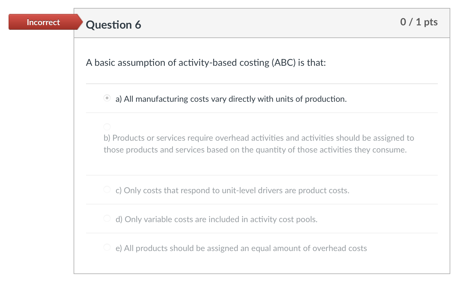  Incorrect Question 6 A basic assumption of activity-based costing (ABC) is