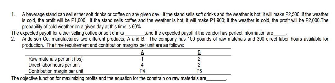 QUANTITATIVE TECHNIQUES - UPDATES IN MANAGERIAL ACCOUNTING SUBJ. 1. A beverage stand