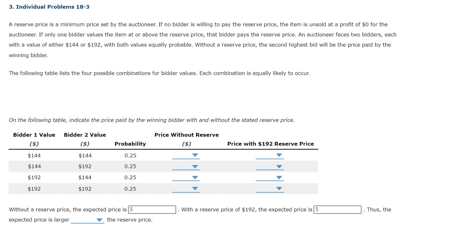  3. Individual Problems 18-3 A reserve price is a minimum price