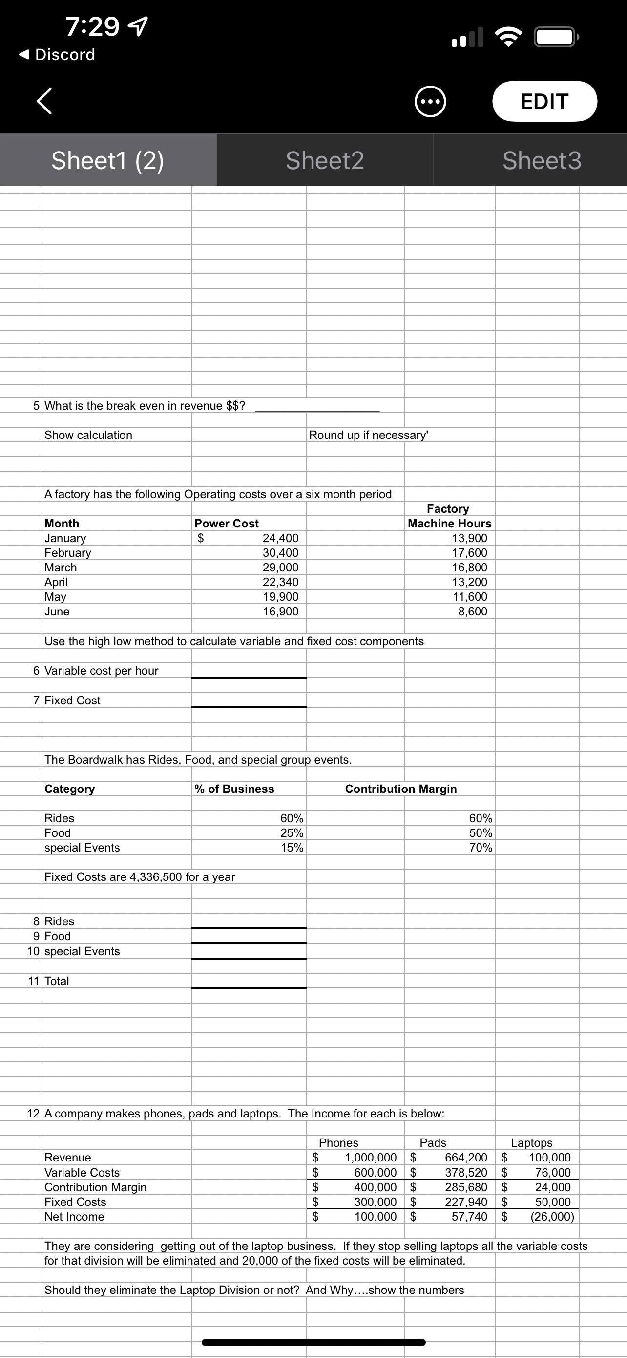 7:29 1 Discord ... EDIT Sheet1 (2) Sheet2 Sheet3 5 What