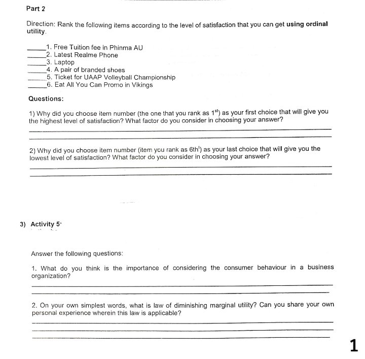 help me answer Part 2 Direction: Rank the following items according to