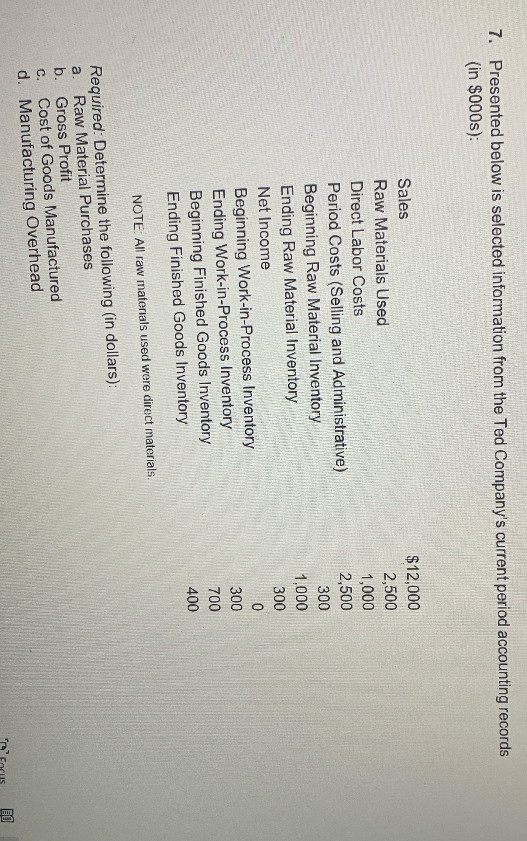  7. Presented below is selected information from the Ted Company's current