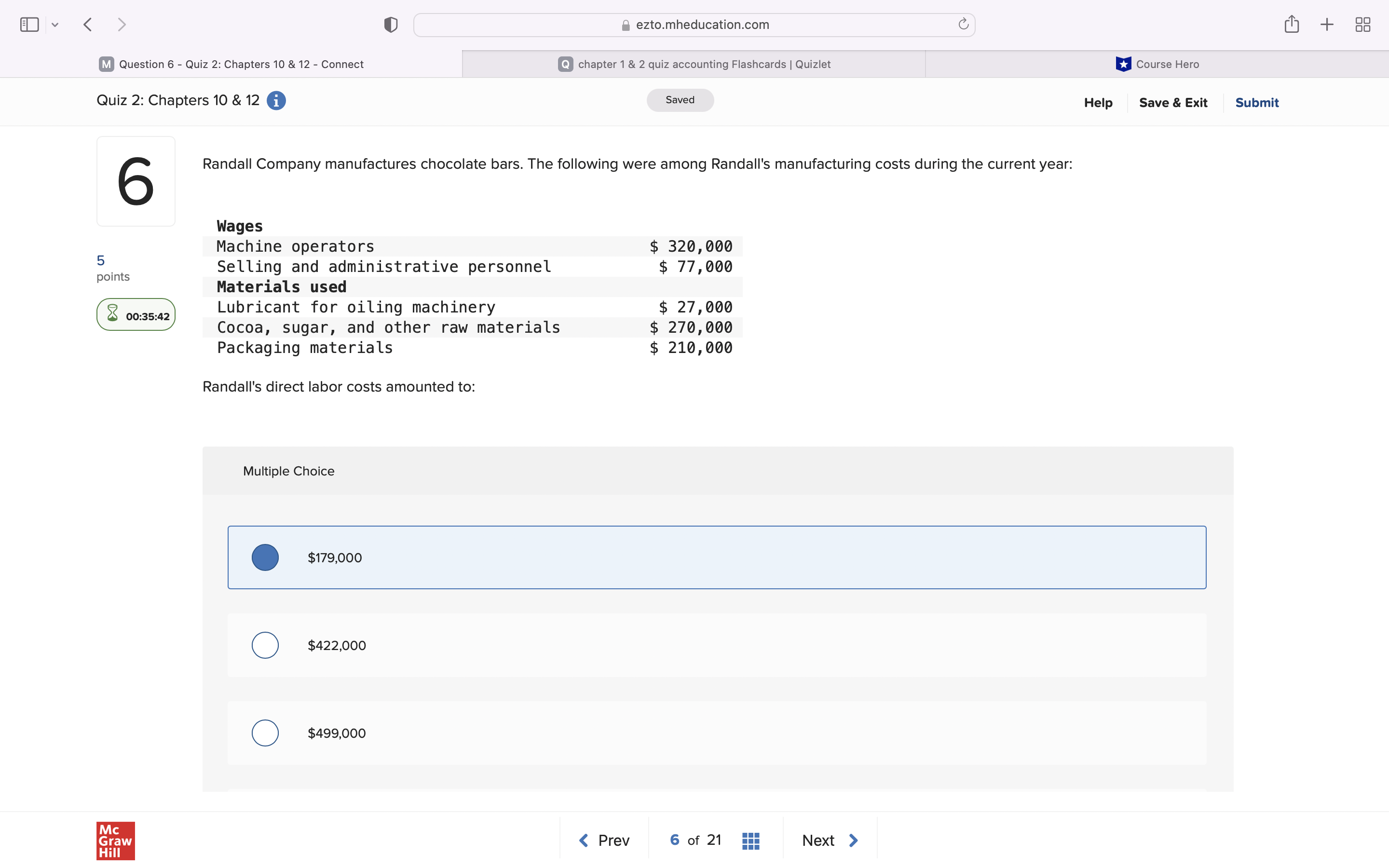  > U E ezt0.mheducation.com C m Question 6 Quiz 2: Chapters