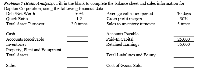  Problem 7 (Ratio Analysis): Fill in the blank to complete the