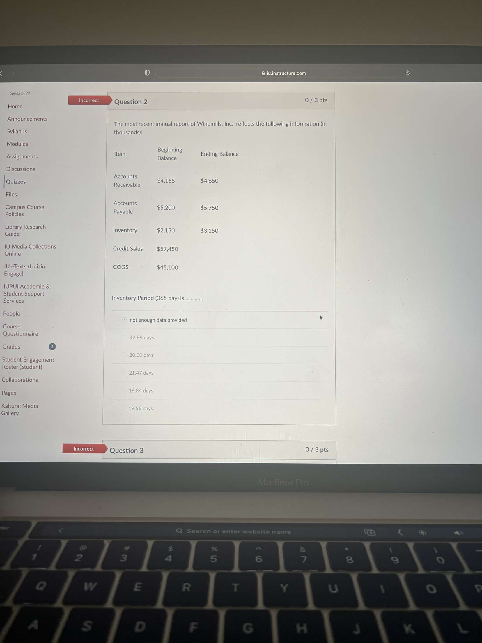  ju.instructure.com Spring 2023 Incorrect Question 2 0 / 3 pts Home