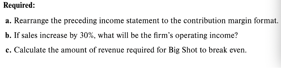 breakeven point Presented here is the income statement for Big Shot Inc.
