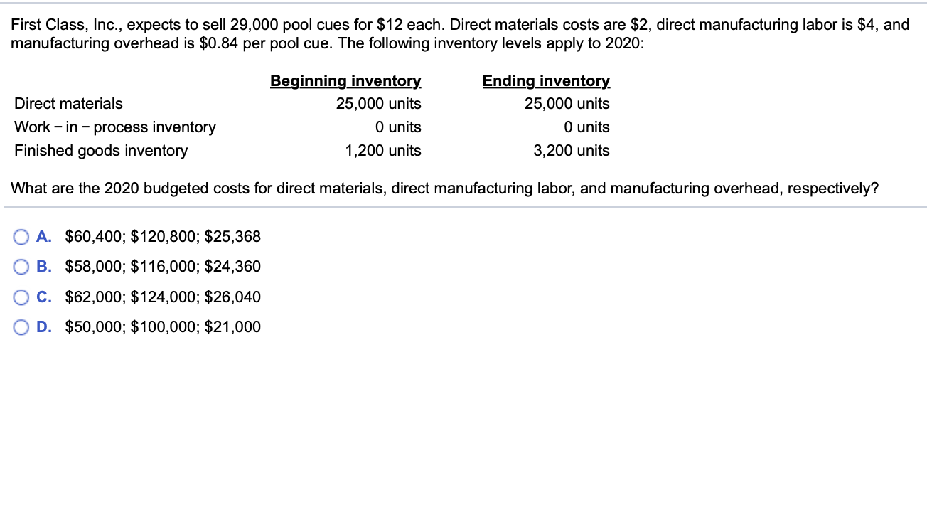 FirstClass, Inc., expects to sell 29,000 pool cues for $12 each. Direct