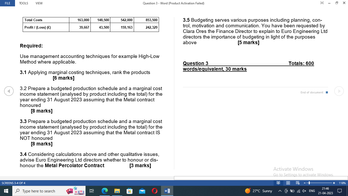  FILE TOOLS VlEW Question 3 - Word [Product Activation Failed] CU: