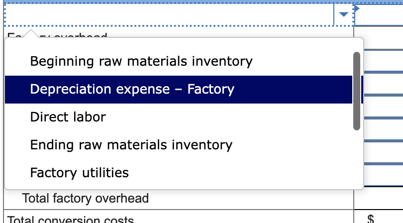 materials inventory Depreciation expense - Factory Direct labor Ending raw materials inventory
