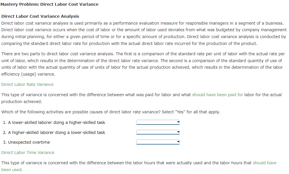 Mastery Problem: Direct Labor Cost Variance Direct Labor Cost Variance Analysis