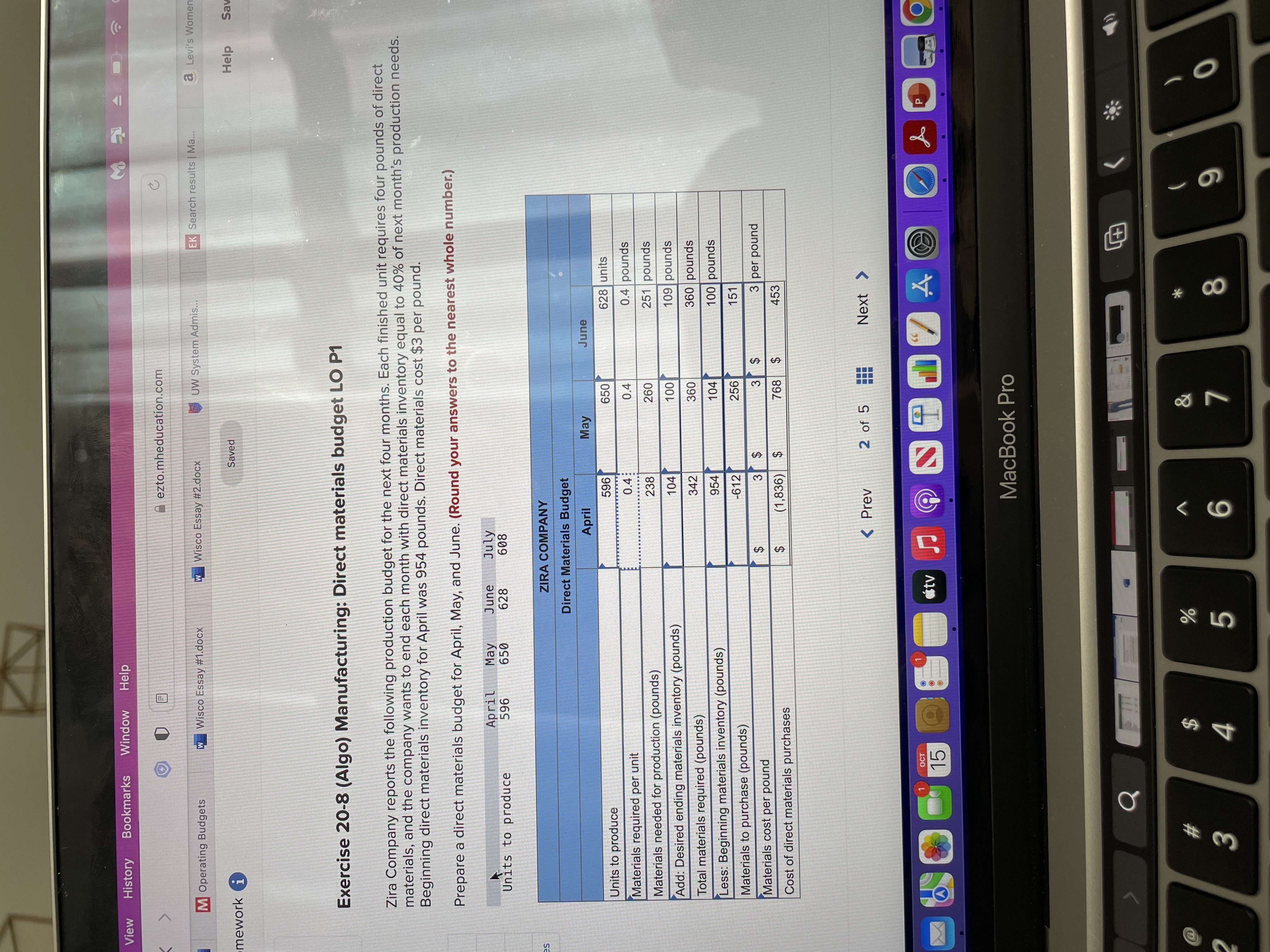  View History Bookmarks Window Help ezto.mheducation.com M Operating Budgets w Wisco