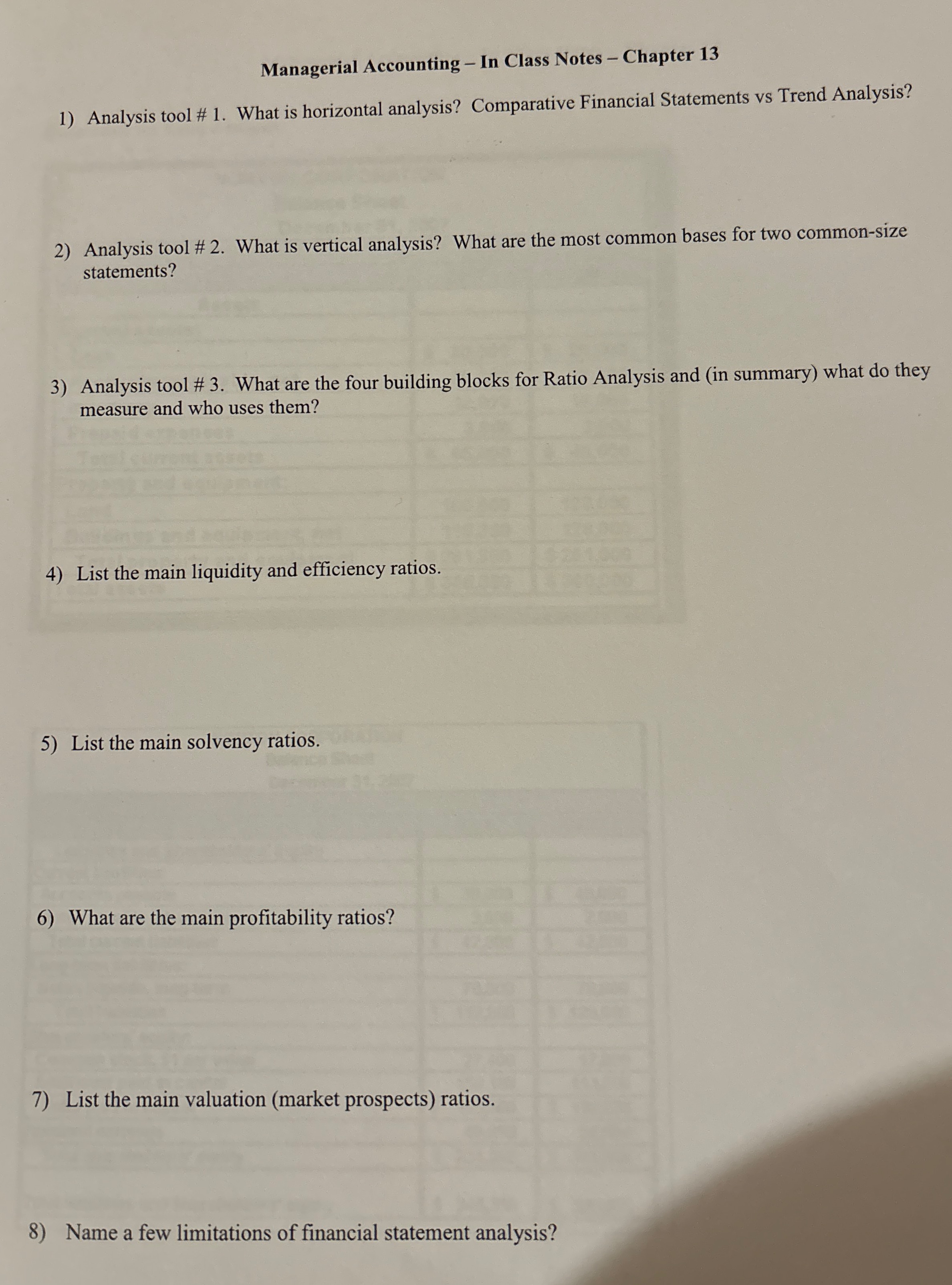  Managerial Accounting - In Class Notes - Chapter 13 1) Analysis