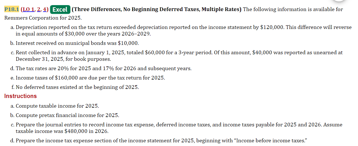  P18.1 (LO 1, 2, 4) Excel (Three Differences, No Beginning Deferred