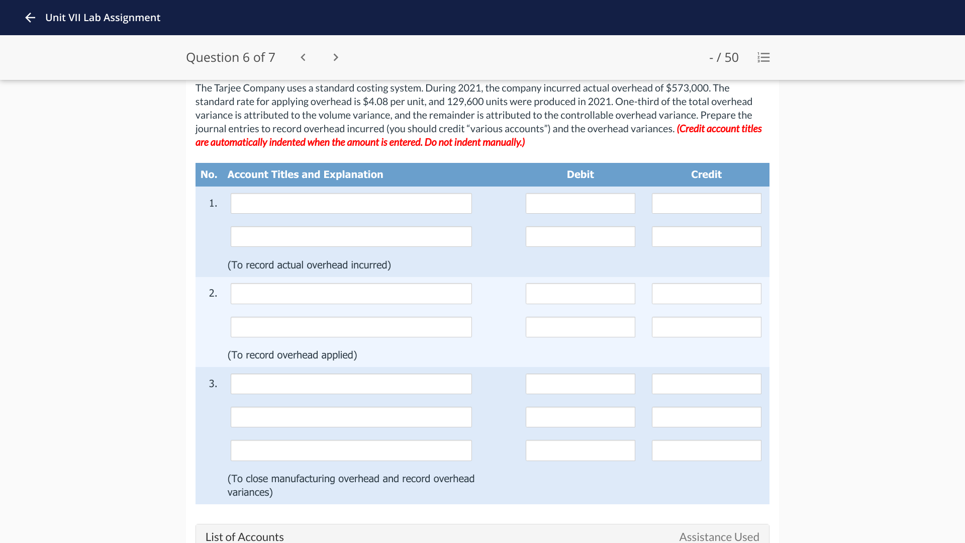 6 Unit Vll Lab Assignment Question 6 of 7 _ /