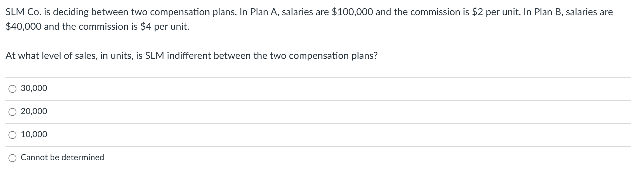  SLM Co. is deciding between two compensation plans. In Plan A,