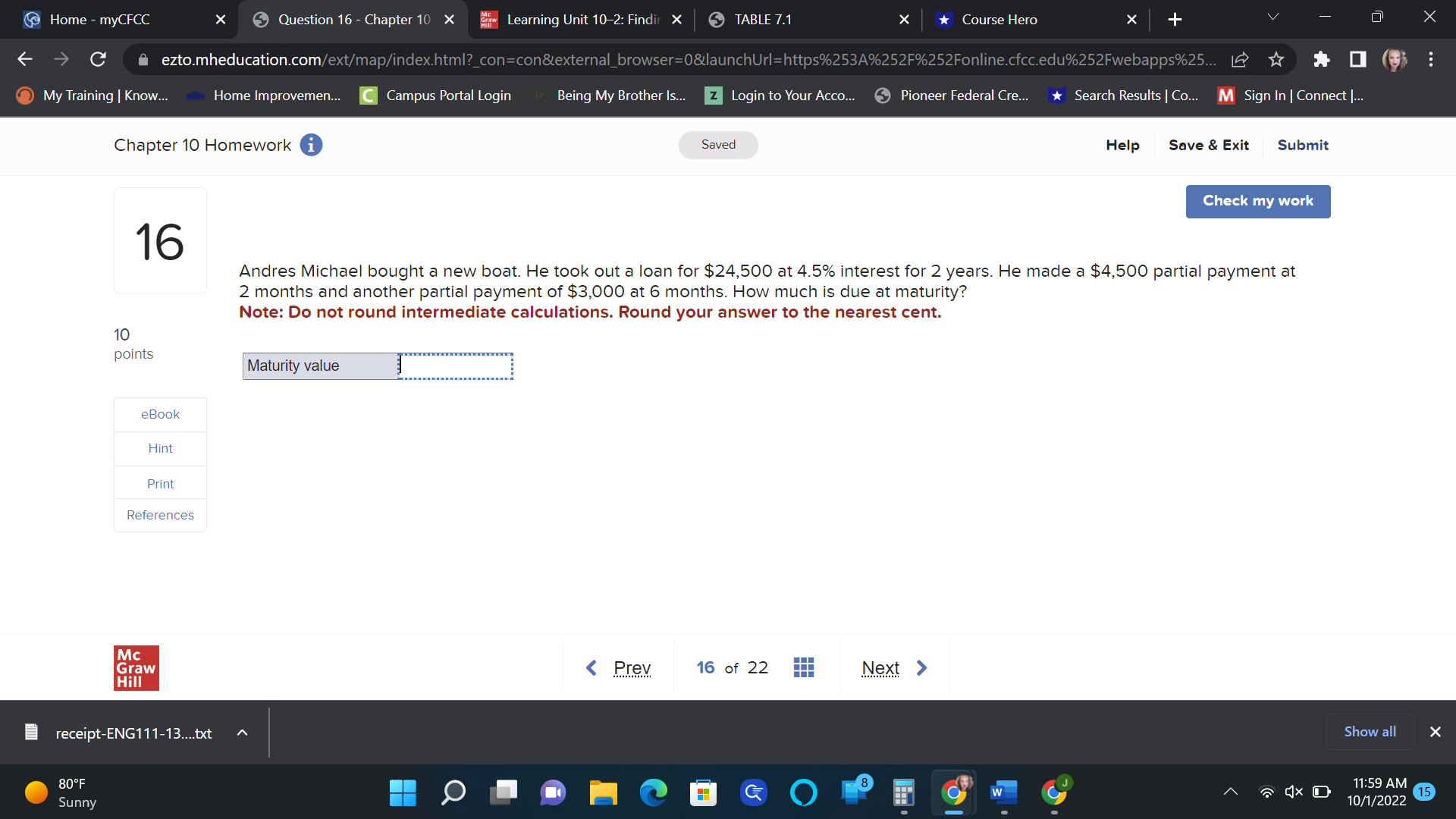  Home - myCFCC X Question 16 - Chapter 10 x im