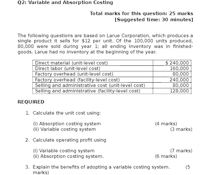 Q2: Variable and Absorption Costing Total marks for this question: 25