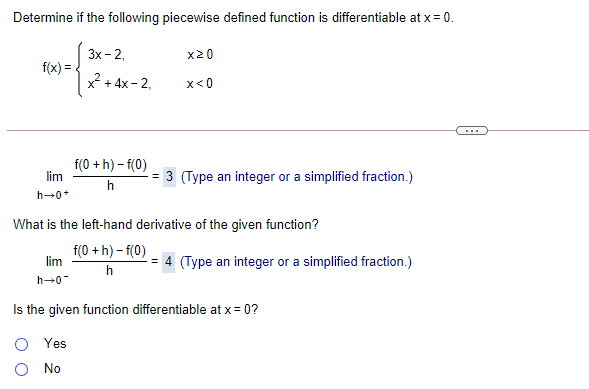 Determine if the following piecewise defined function is differentiable at x