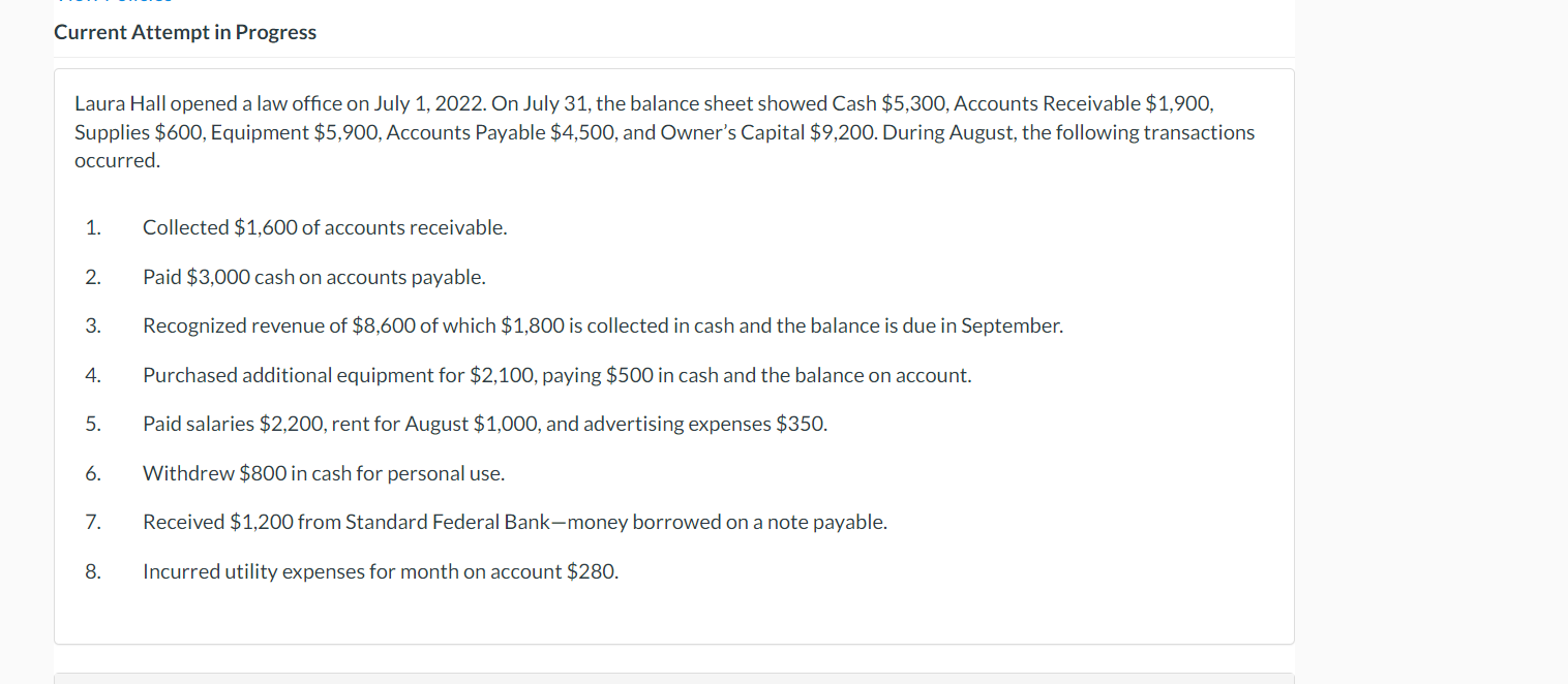 July 1. 2022. On July 31. the balance sheet showed Cash $5,300.