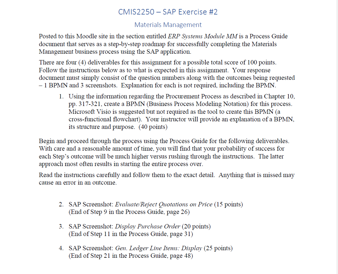 CMIS2250 - SAP Exercise #2 Materials Management Posted to this Moodle