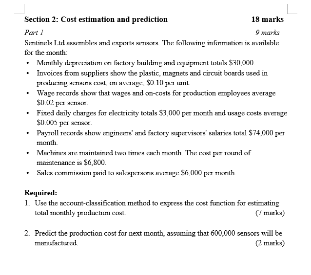  Section 2: Cost estimation and prediction 18 marks Part I 53'