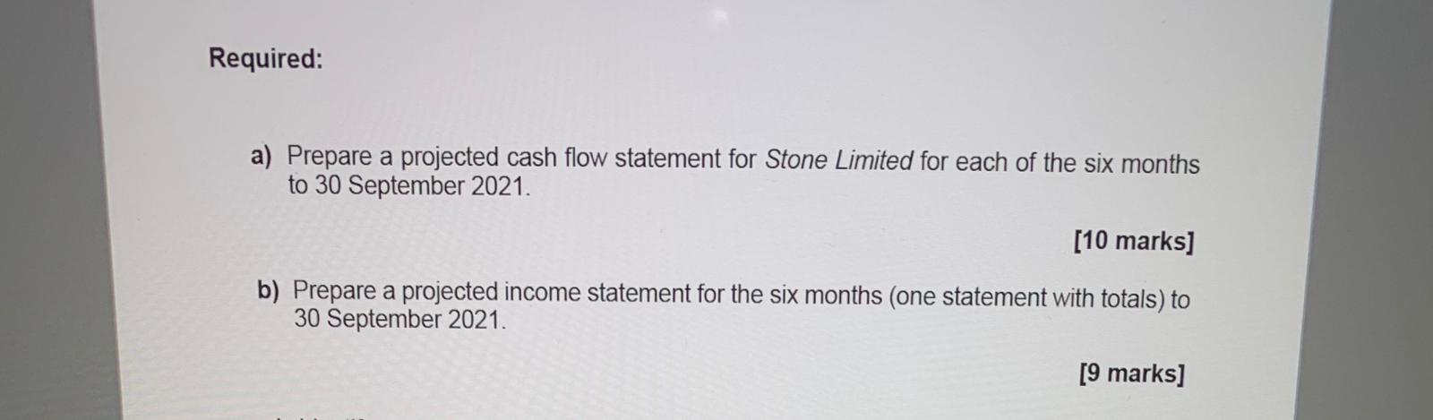  Required: a) Prepare a projected cash flow statement for Stone Limited
