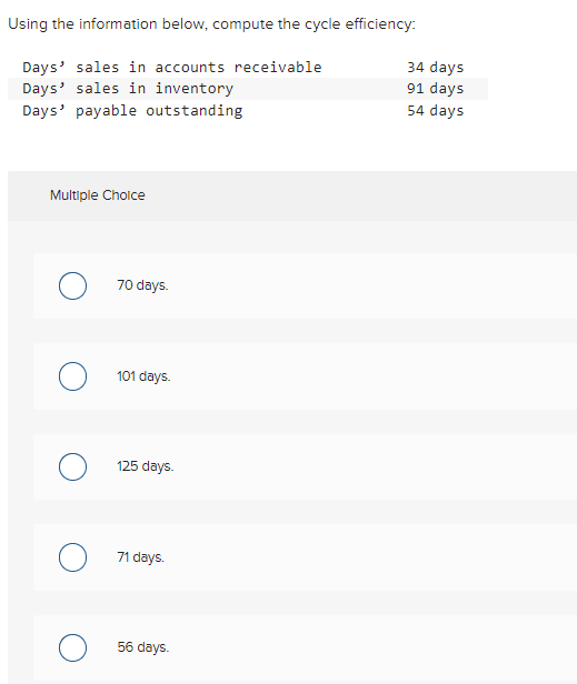 answer asap please1. Using the information below, compute the cycle efficiency: Days'