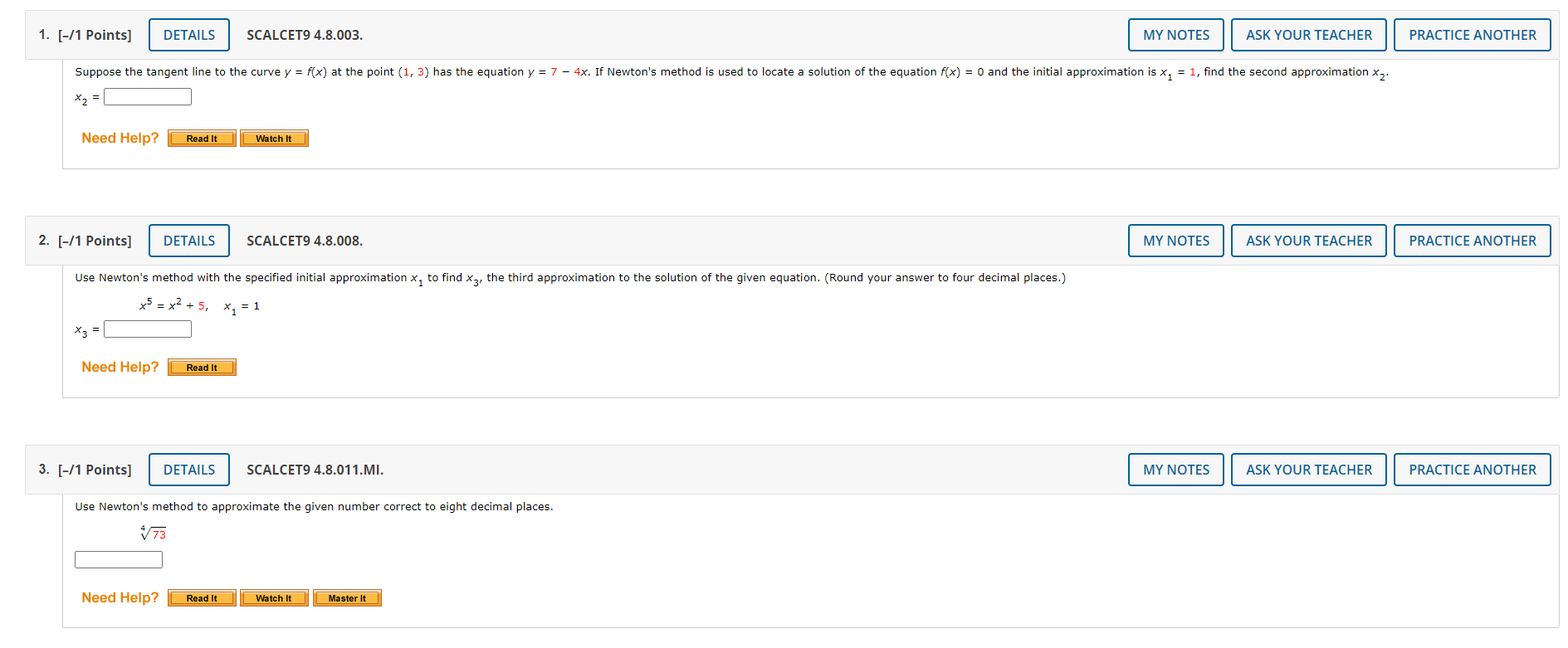 4.8 Homework - Newton's Method (Homework) 1. [-/1 Points] DETAILS SCALCET9 4.8.003.