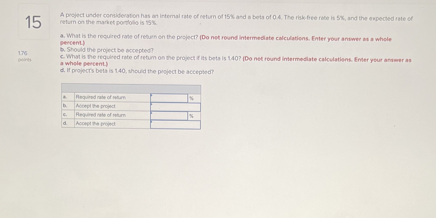 A project under consideration has an internal rate of return of