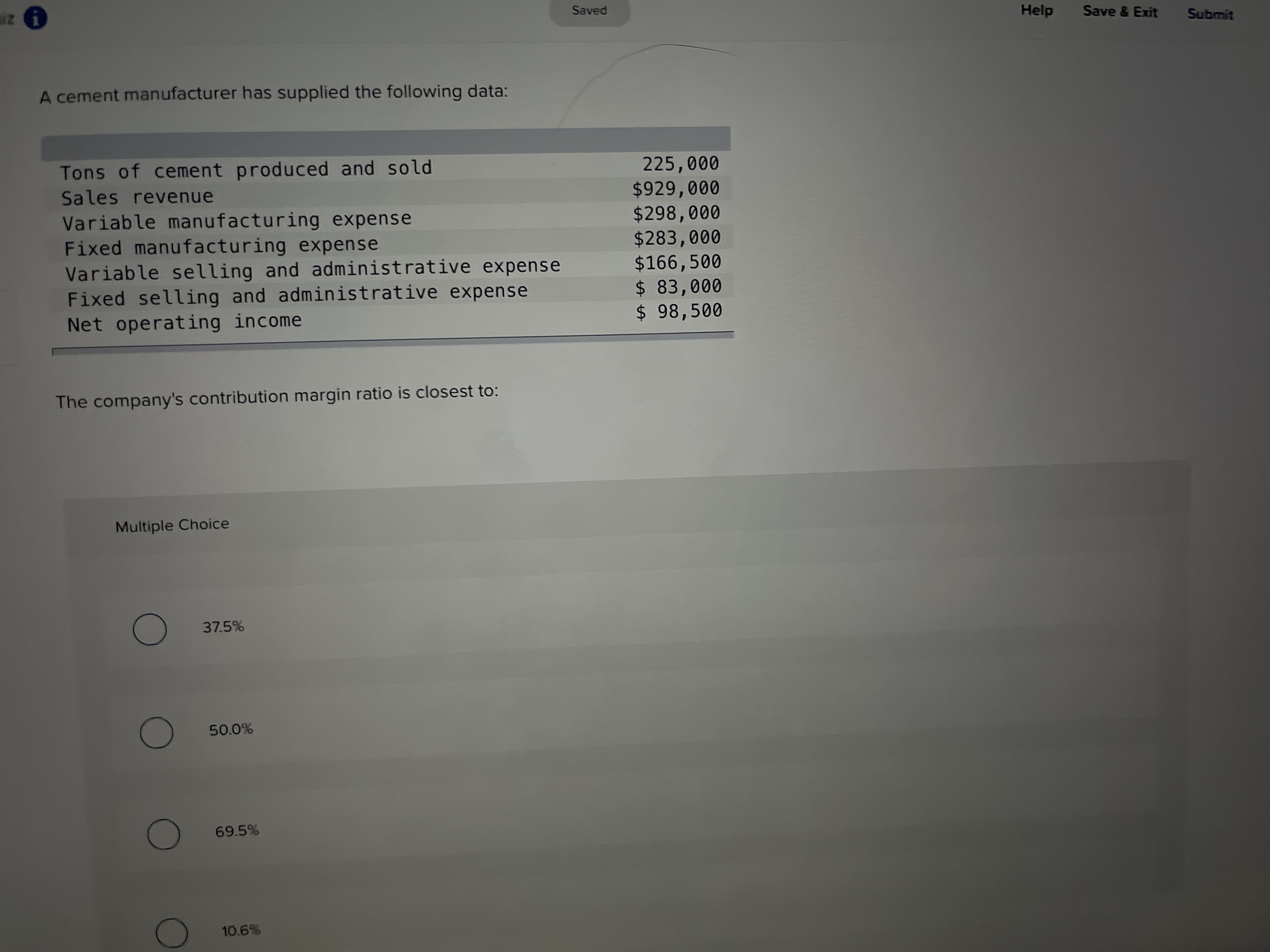  Saved Help Save & Exit Submit A cement manufacturer has supplied