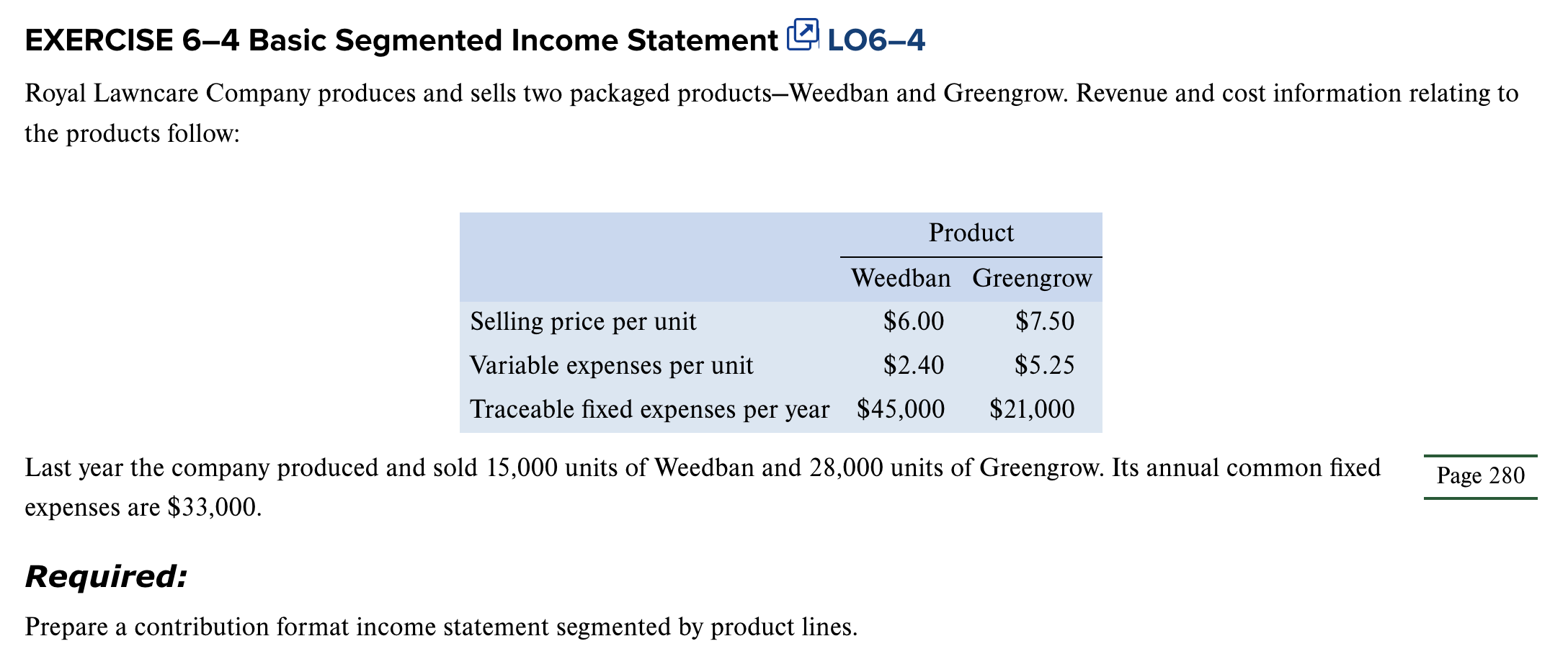 1.) EXERCISE 6-4 Basic Segmented Income Statement L LO6-4 Royal Lawncare Company