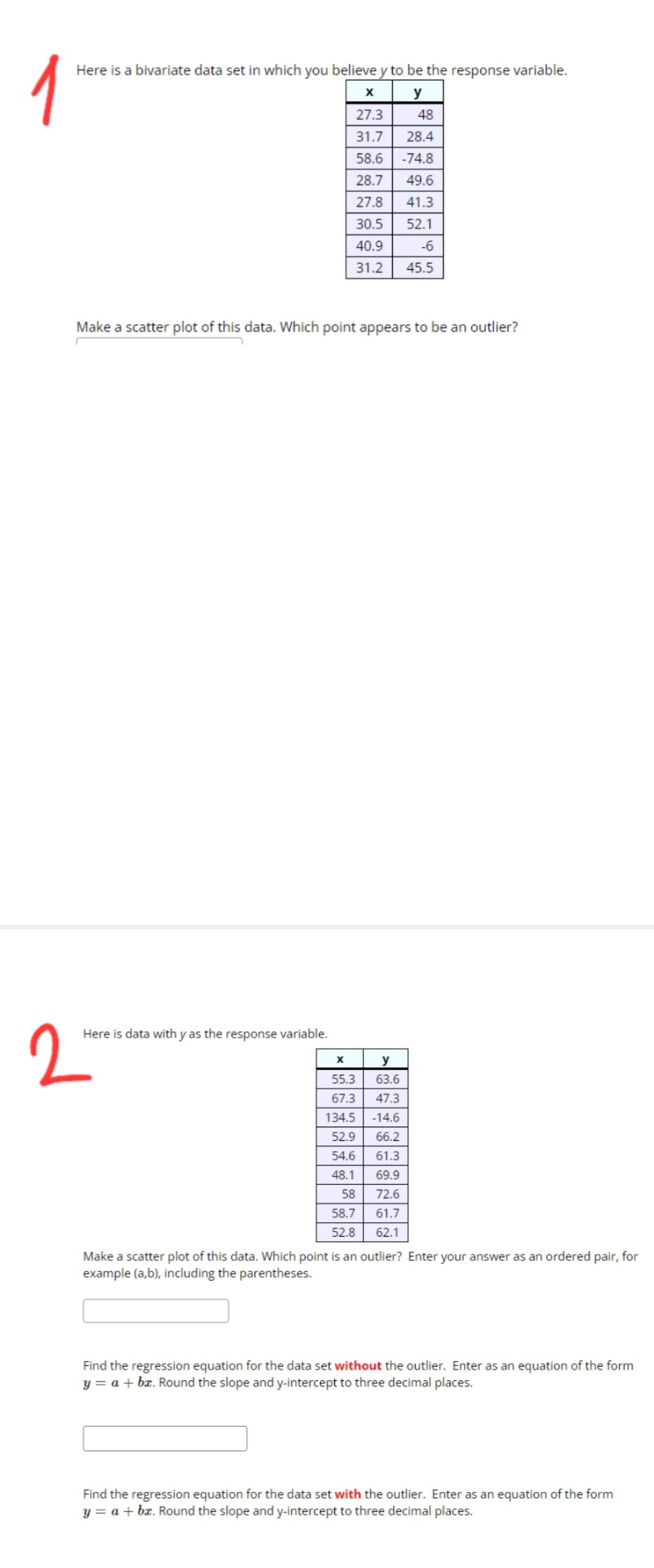 Statistics and Probability Here is a bivariate data set In which you