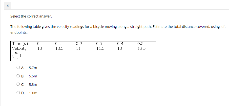 4 m run. O A. 6.31 sec O B. 6.47 sec O