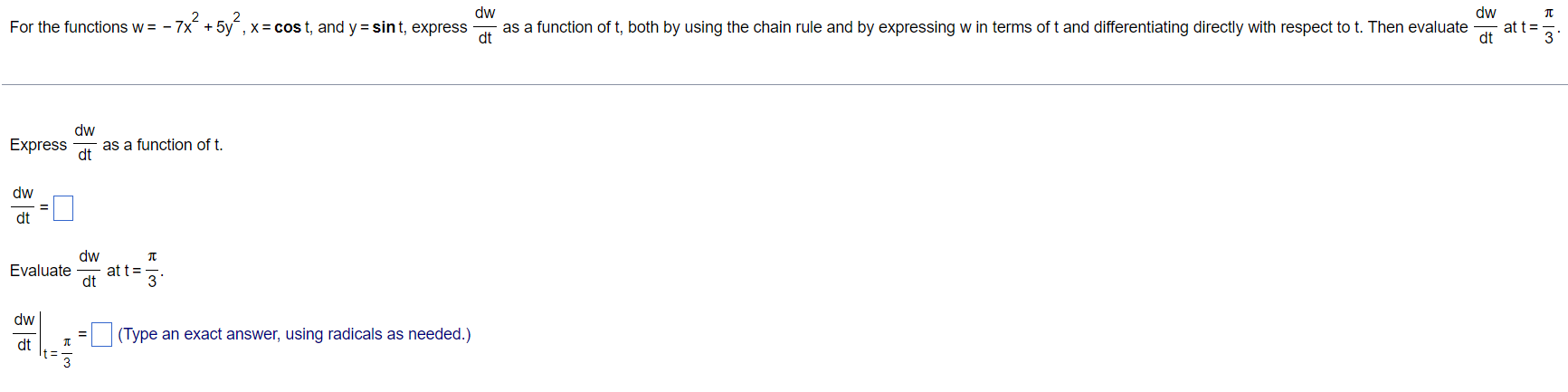  For the functions w = - 7x + 5y , x