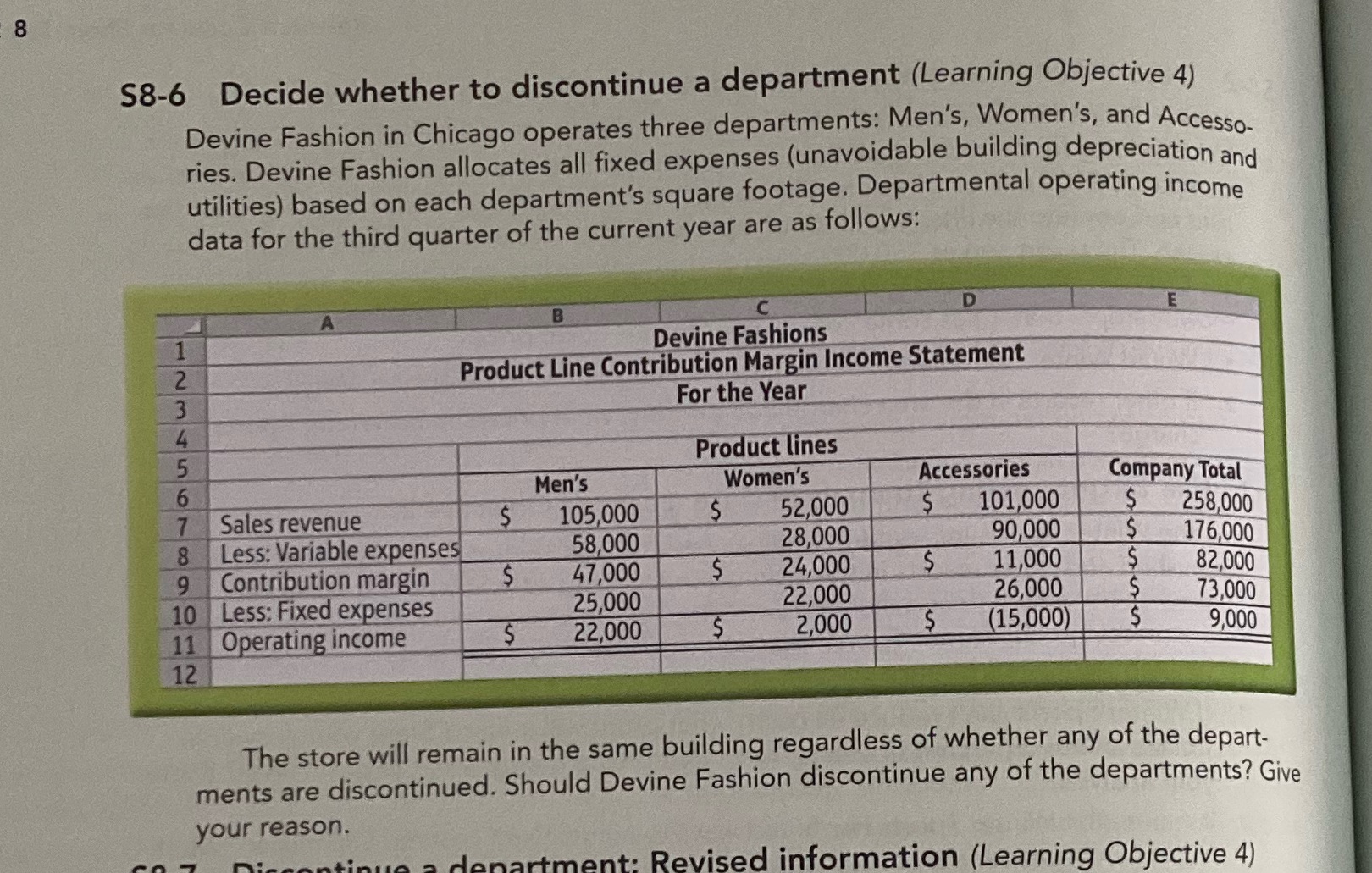  8 S8-6 Decide whether to discontinue a department (Learning Objective 4)