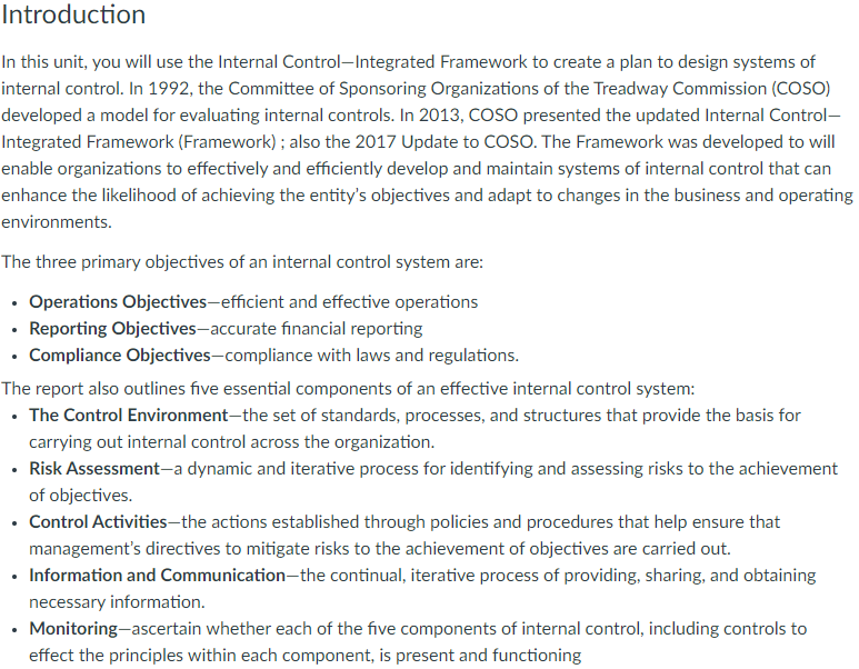 Introduction In this unit, you will use the Internal Control-Integrated Framework