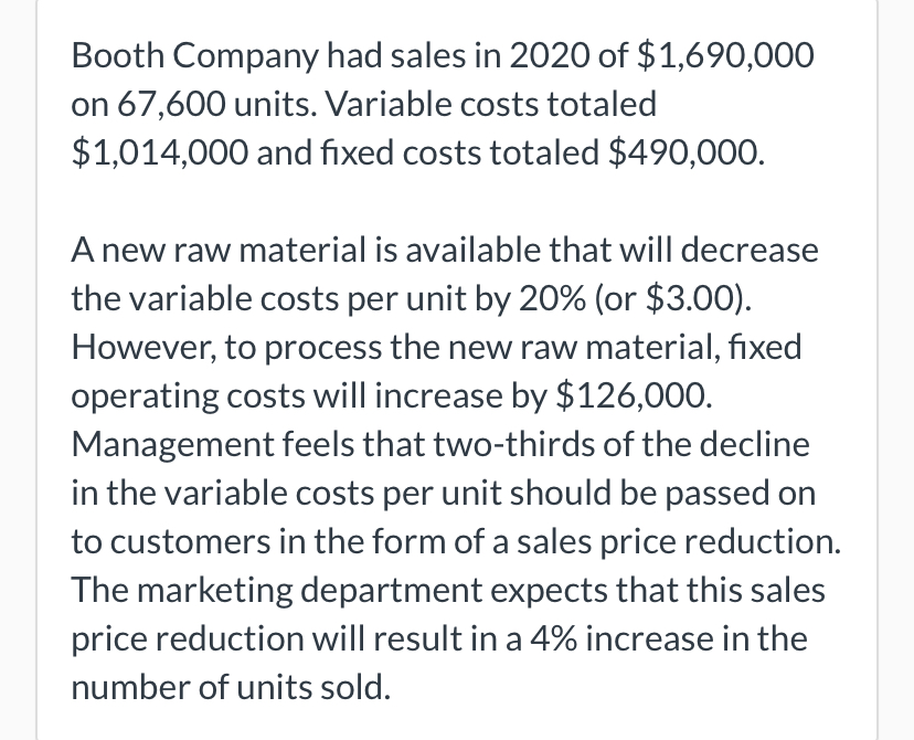 have not been made. Booth Company CVP Income Statement A V o