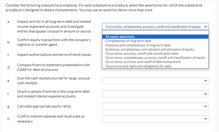Consider the following substantive procedures. For each substantive procedure, select the