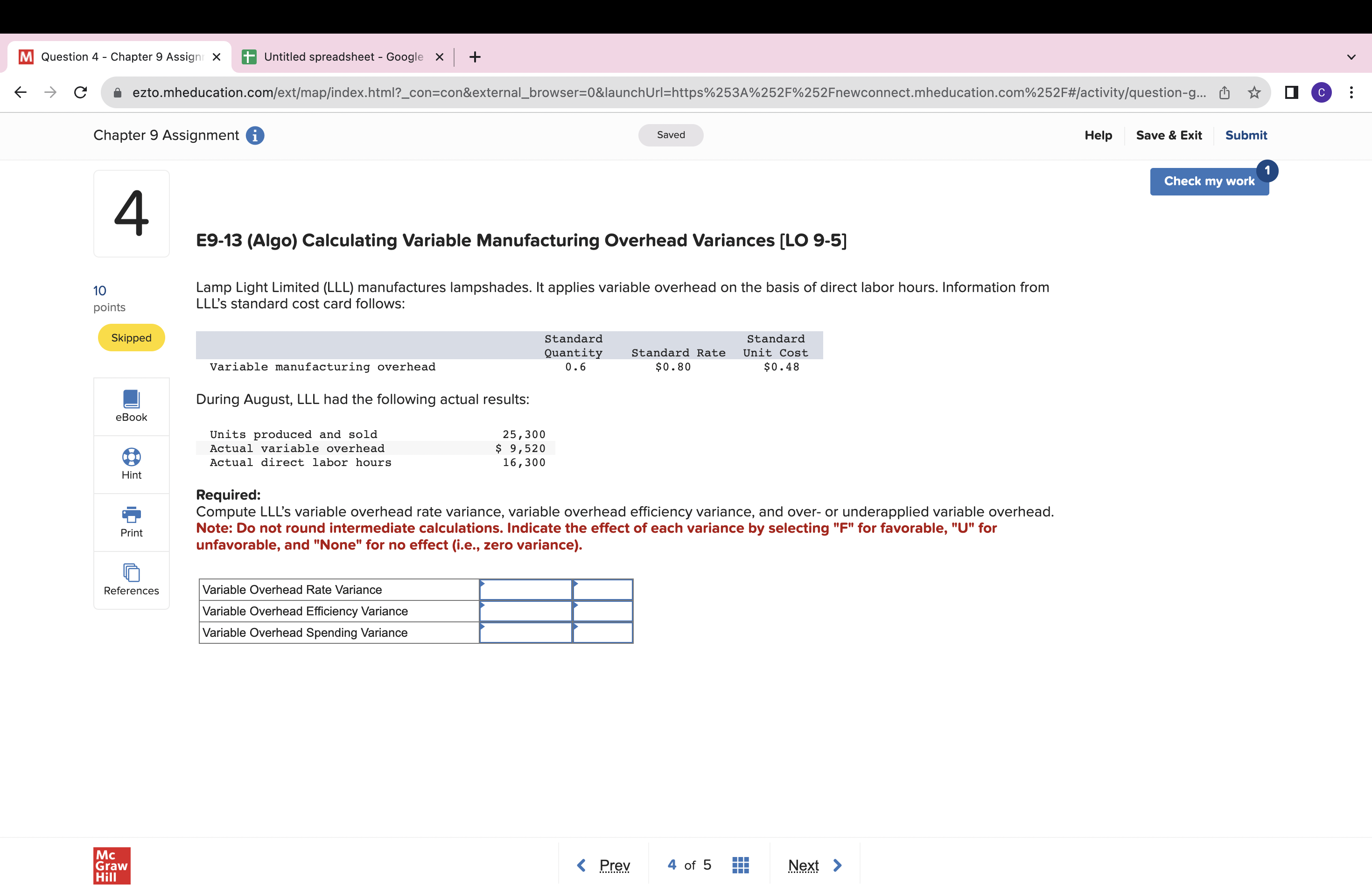  M Question 4 - Chapter 9 Assign X + Untitled spreadsheet