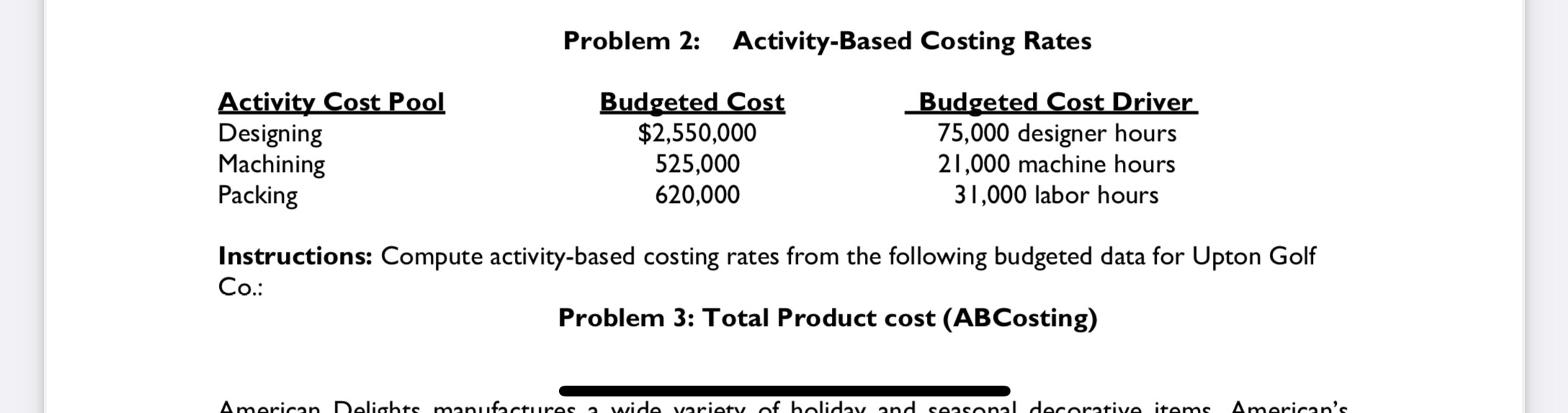 Problem 2: Activity-Based Costing Rates Activity Cost Pool Budgeted Cost Budgeted