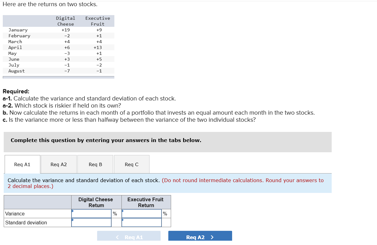  Here are the returns on two stocks. Digital Executive Cheese Fruit