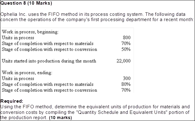  Question 8 (10 Marks) Ophelia Inc. uses the FIFO method in