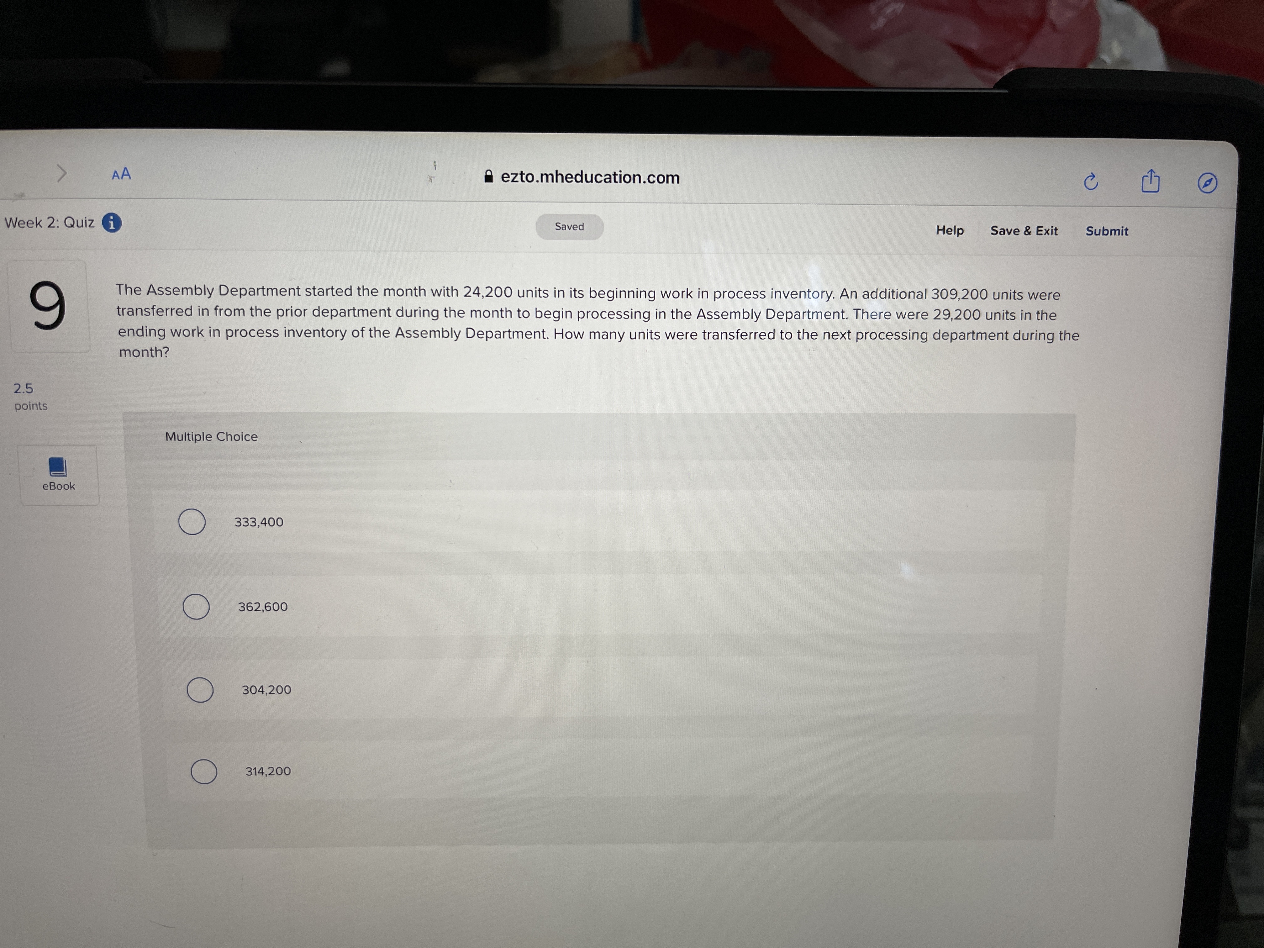  AA A ezto.mheducation.com C Week 2: Quiz i Saved Help Save