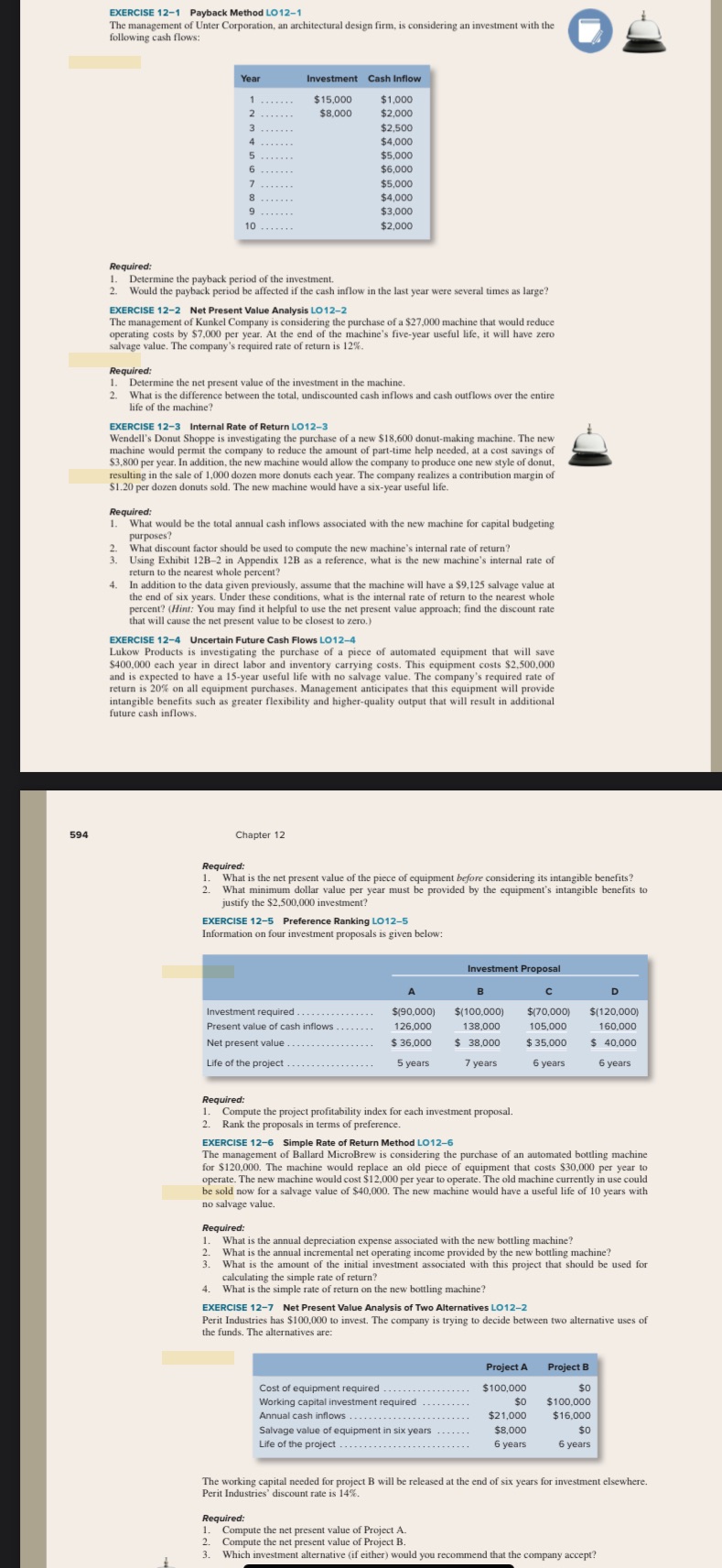 Answer and explain exercise 12-1 to 12-7 EXERCISE 12-1 Payback Method LO12-1