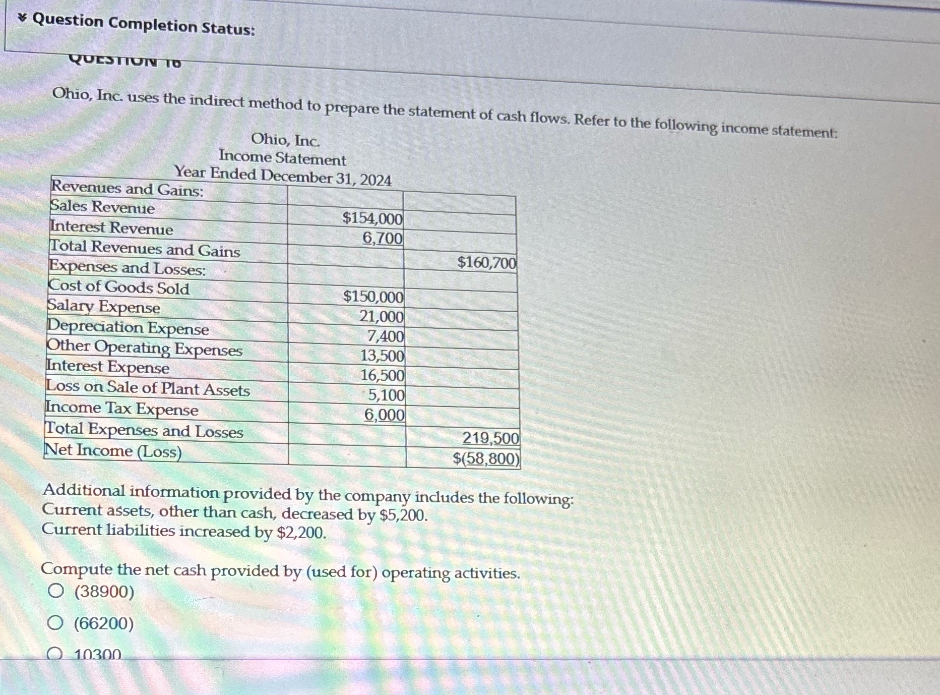 Last answer option 44000 Question Completion Status: QUESTION TO Ohio, Inc. uses
