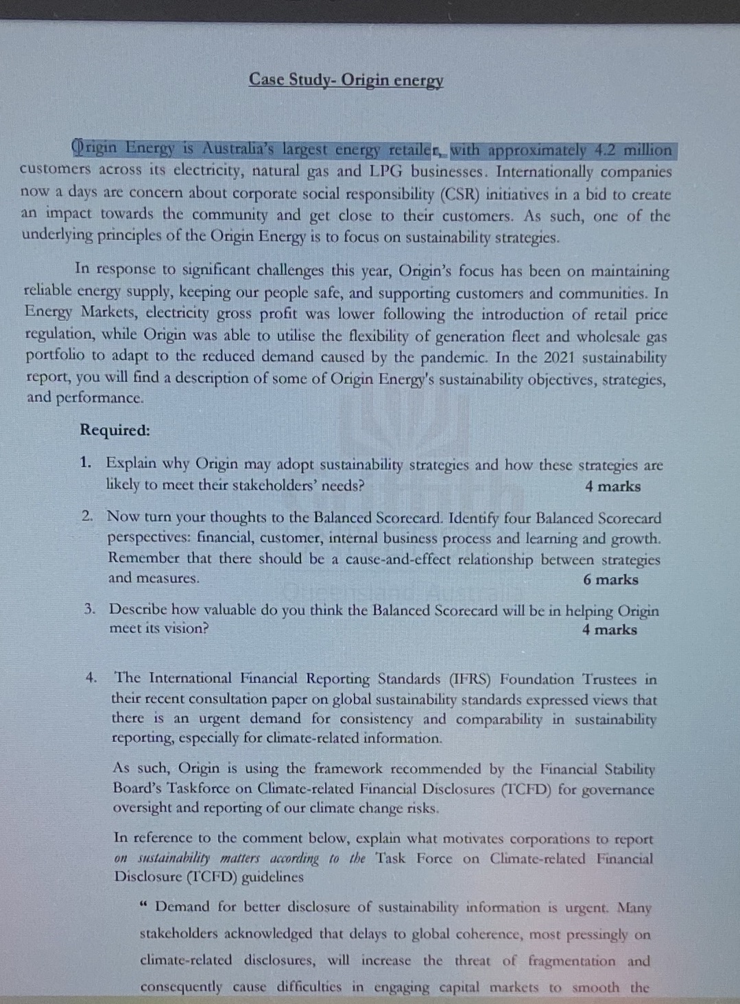 Question 1,2,3and 4 Case Study- Origin energy Origin Energy is Australia's largest