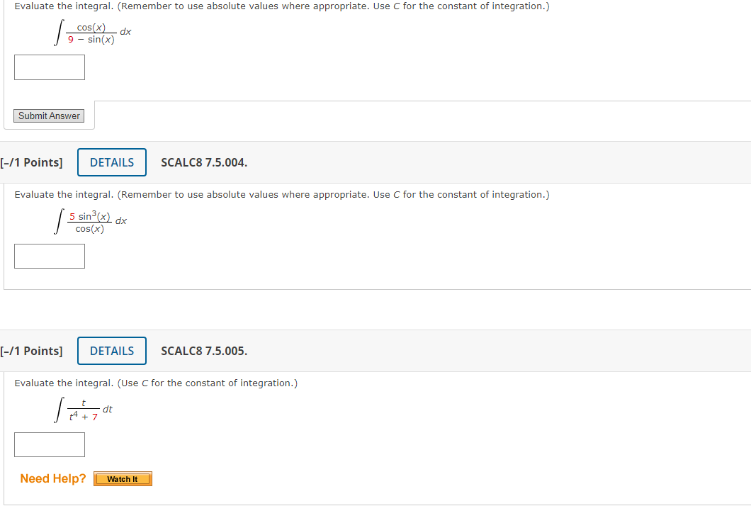  Evaluate the integral. (Remember to use absolute values where appropriate. Use