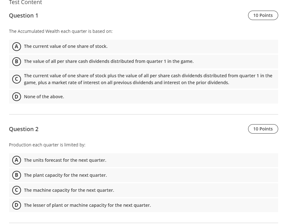Test Content Question 1 10 Points The Accumulated Wealth each quarter