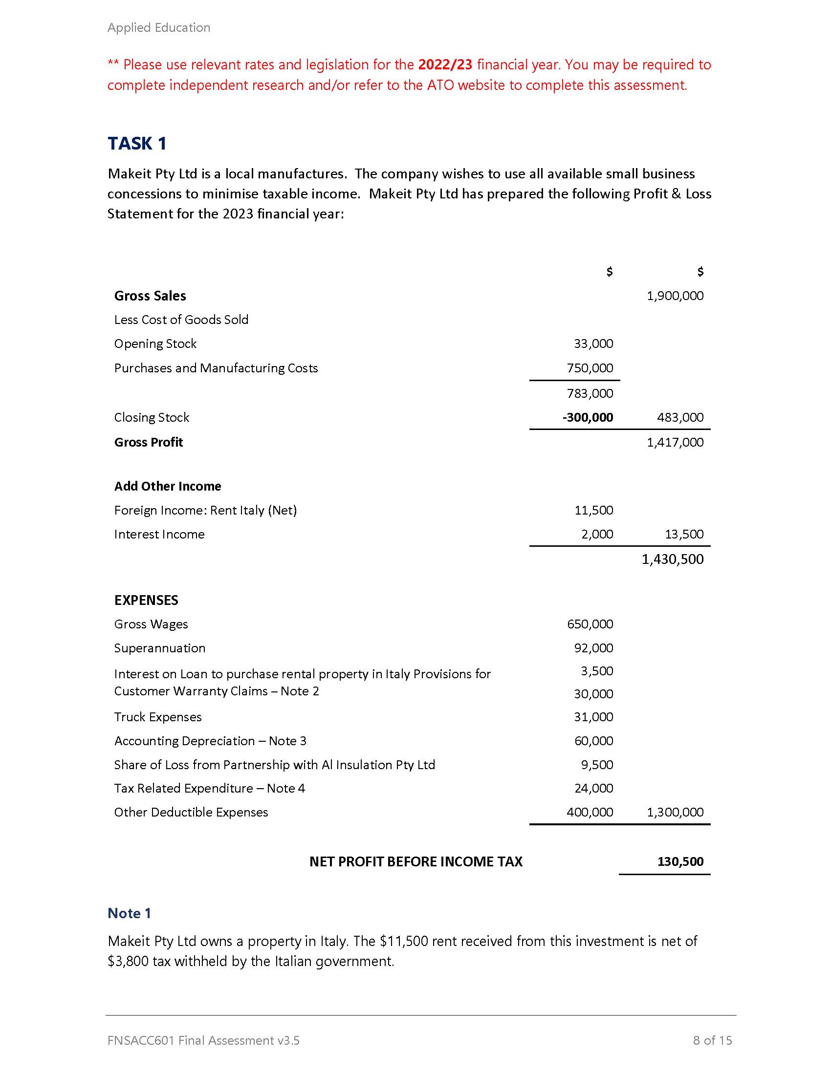 Applied Education ** Please use relevant rates and legislation for the